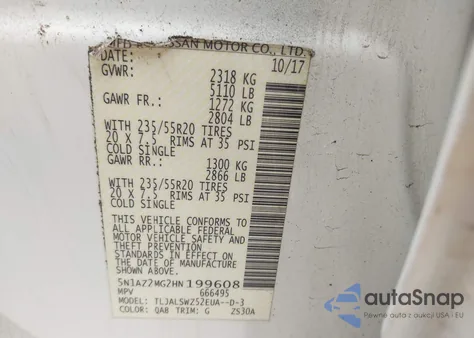 2017 Nissan Murano Platinum z USA, uszkodzony, nr VIN 5N1AZ2MG2HN199608